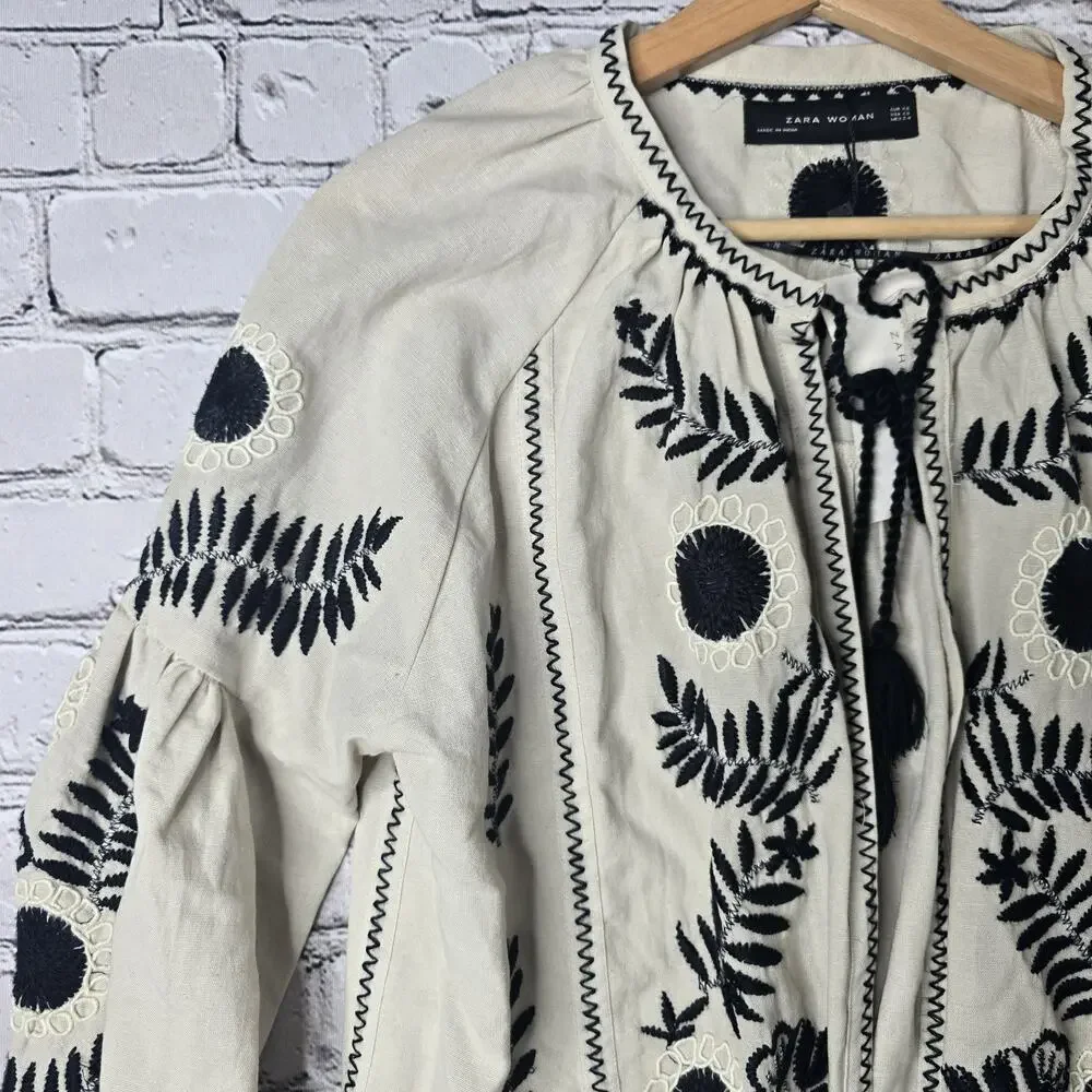Zara Woman Cotton Linen Beige Black Stitch Embroidered Tassel Blouse New Size XS - Picture 5 of 12
